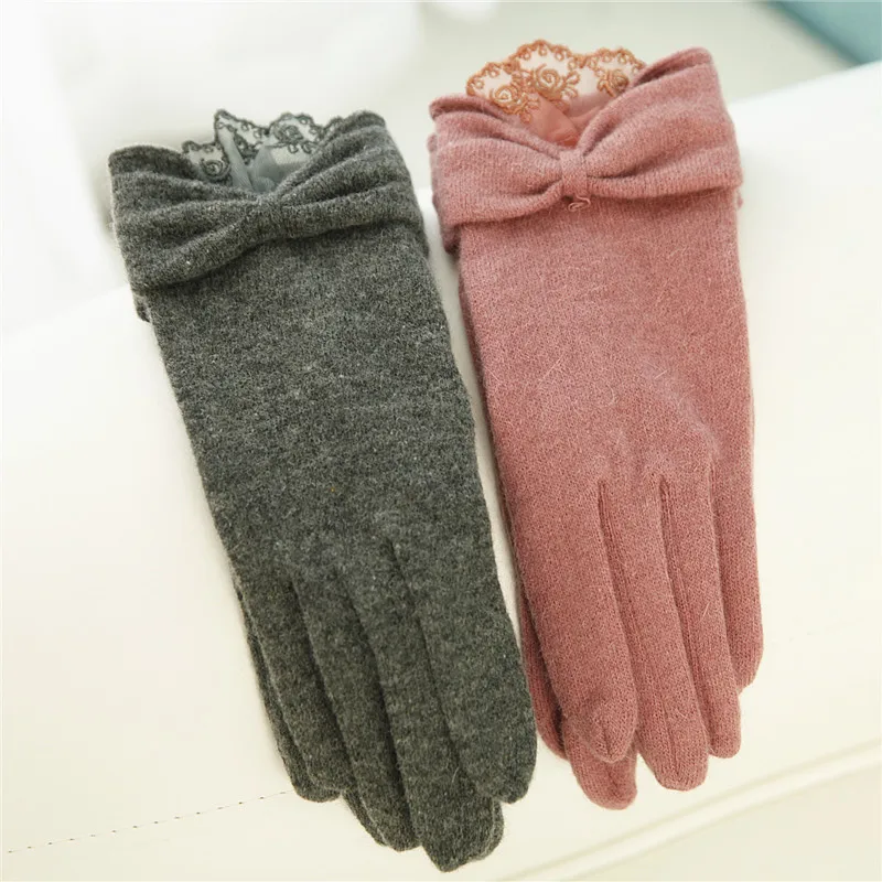 Winter Women Knitted Wool Gloves Single Layer Wrist Lace Elegant Bowknot Five Fingers Thermal Lady Glove T117