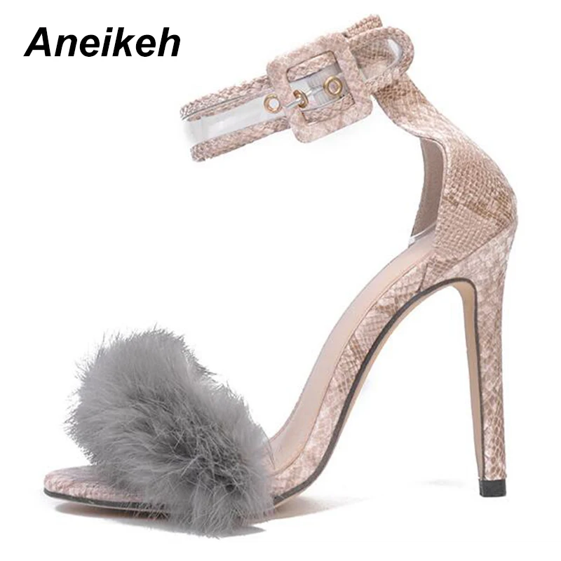 Aneikeh Women Sandals High Heels Footwear Fur Ankle Strap Gladiator Sandals Female Wedding Sexy Shoes Stiletto D-88-5#