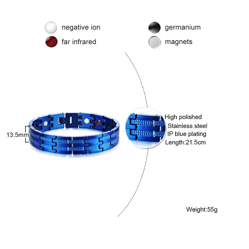 Vinterly Blue Magnetic Bracelet Men 13mm Stainless Steel Chain Link Bracelets Male Punk Health Energy Bracelet for Men Jewellery