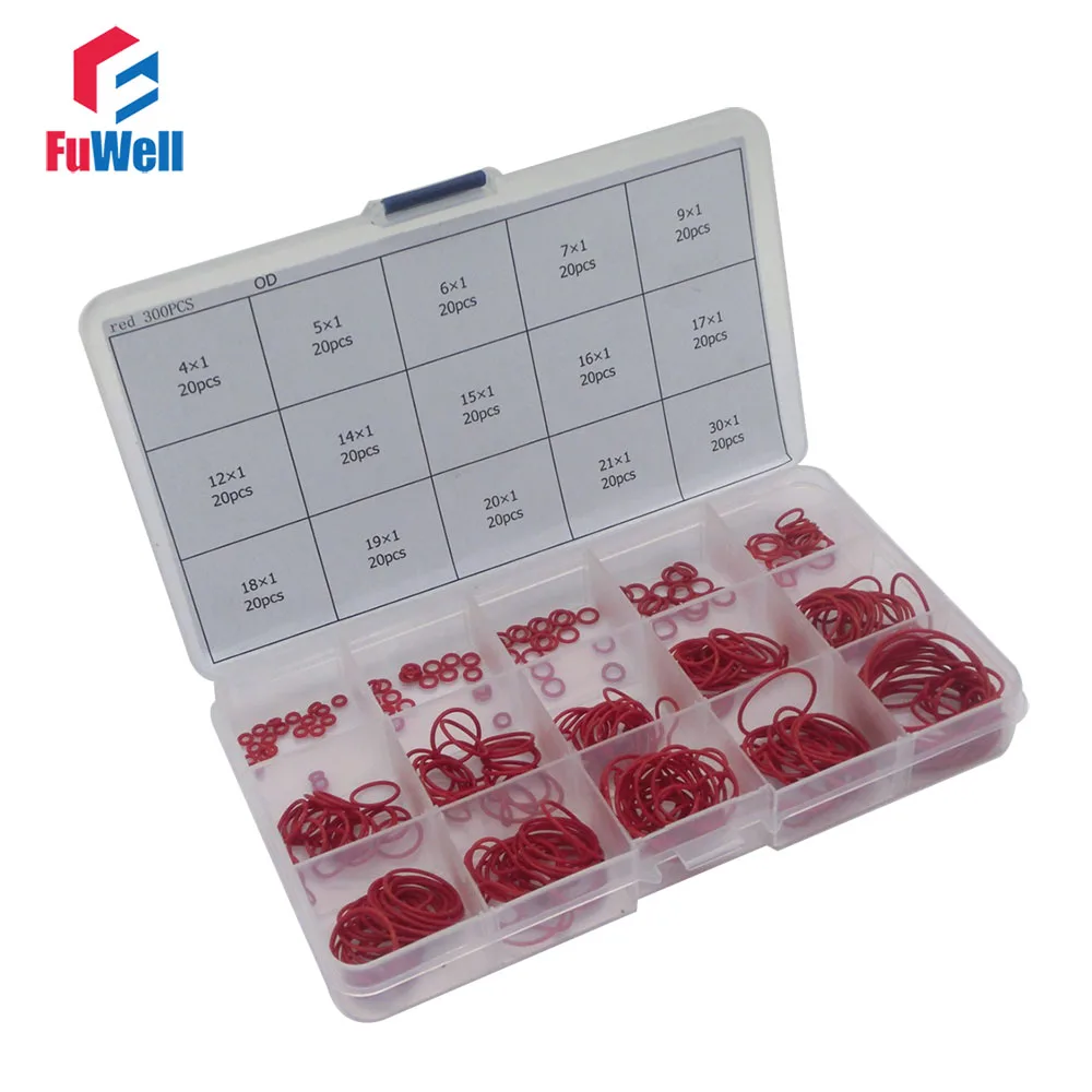 

300pcs Red Silicon O Ring Seal Kit 15 Different Sizes O-ring Gasket Set VMQ O Ring Assortment Set with Plastic Case