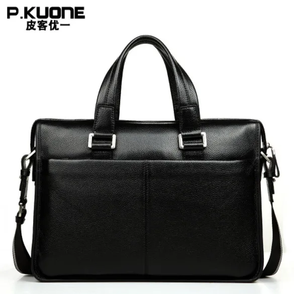 P.KUONE Genuine Leather men\'s Briefcase Business Shoulder Bag Casual Travel Handbag Messenger Bag for 15 inch notbook