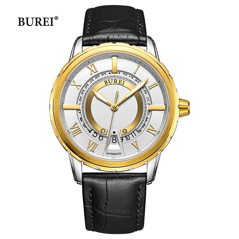 BUREI Brand Gold Silver Automatic Watches Mens Luxury Waterproof NH35 Movement Mechanical Wristwatch Clock for Men Reloj Hombre