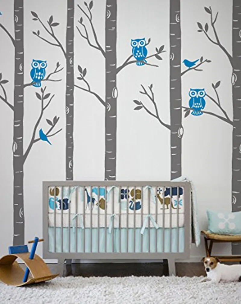 Huge Size Tree Wall stickers Playground Birch Forest With Owls And Birds Vinyl Wall Decals Baby Room Wall Tattoo D640