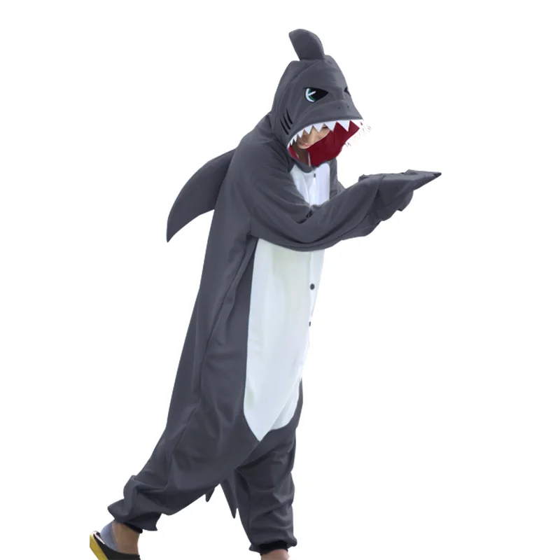 Winter Adults Animal Gray Blue Shark Funny Onesie Pajamas For Women Men Costume Cosplay Unisex Halloween Pajamas Party