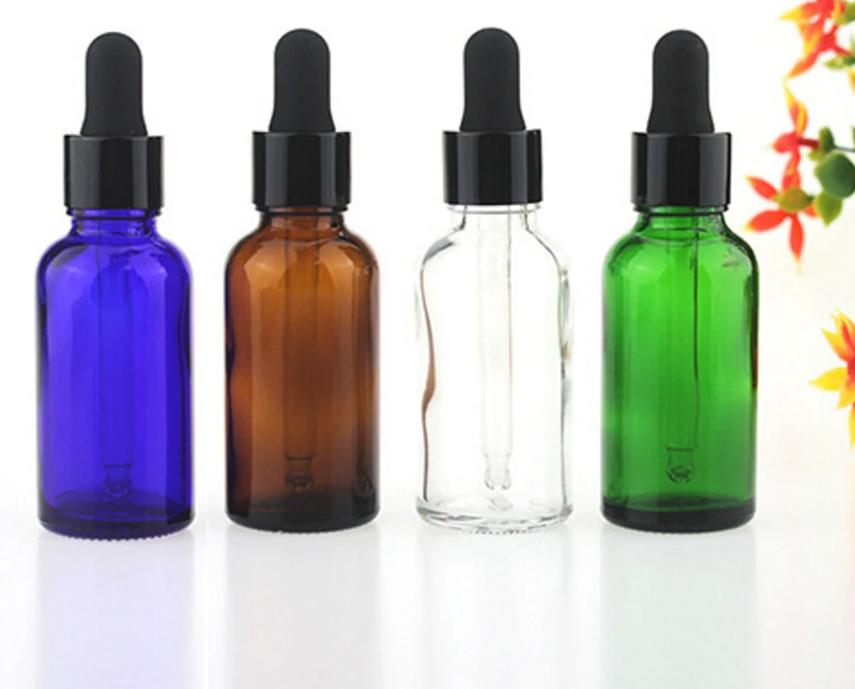 30ml ขวดน้ํามันหอมระเหยแก้วสีฟ้าโคบอลต์เปล่าพร้อมหยด 1oz ภาชนะแก้วสีฟ้าเปล่า 200 PCS