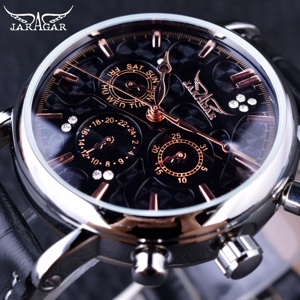 Jaragar Obscure Swirl Fashion 3 Dial Design Diamond Black Golden Dial Genuine Leather Men Watch Top Brand Luxury Automatic Watch