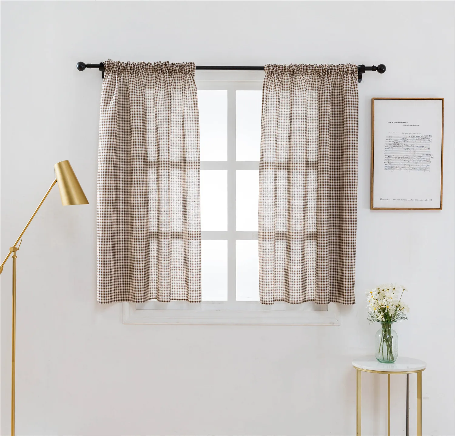 2020 new short Curtain gird coffe style Kitchen cotton linen Curtain Semi-shade Small Curtain for Home decoration 1pic 1m wide