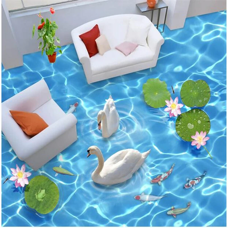 beibehang 3d pvc flooring custom photo Waterproof floor sticker Rippling swan lake murals wallpaper bedroom decoration painting