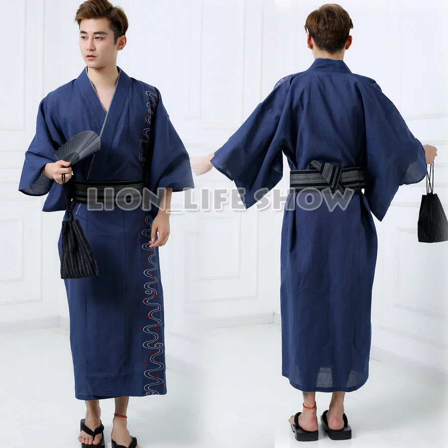 

Japanese Men Samurai Yukata Kimono Hot Spring Winter Pajamas Sleepwear Bathrobe Costume without obi