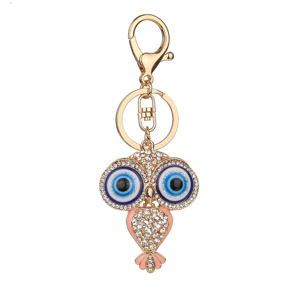 wholesale Blue rhinestone bead Evil funny Eye Owl bird Key Ring Charm keychain jewelry