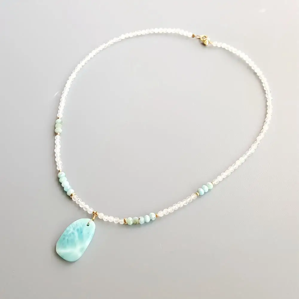 LiiJi Genuine Moonstone Larimar Pendant Charms S925 Sterling Silver Delicated Handmade Necklace