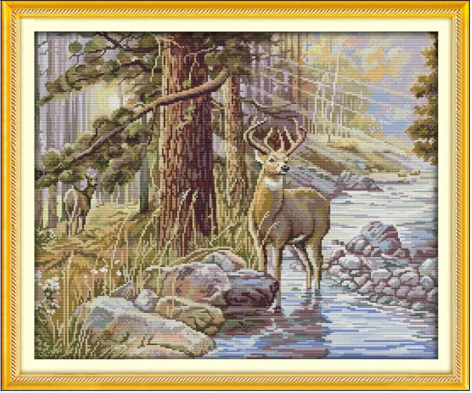 

Needlework,DIY DMC Cross stitch,Sets For Embroidery kits, Tree Forest Stag Deer Pattern Counted Cross-Stitch Animal Sewing kit