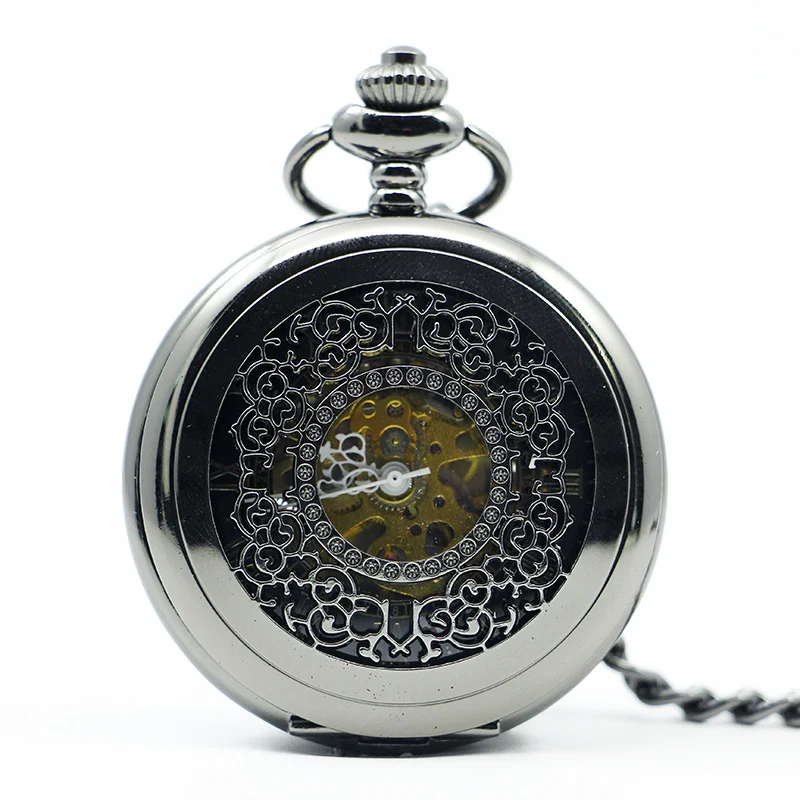 10pcs/lot Antique Magic Roman Half Hunter Black Steel Hollow Hand Wind Mechanical Skeleton Pocket Watch Long Chain