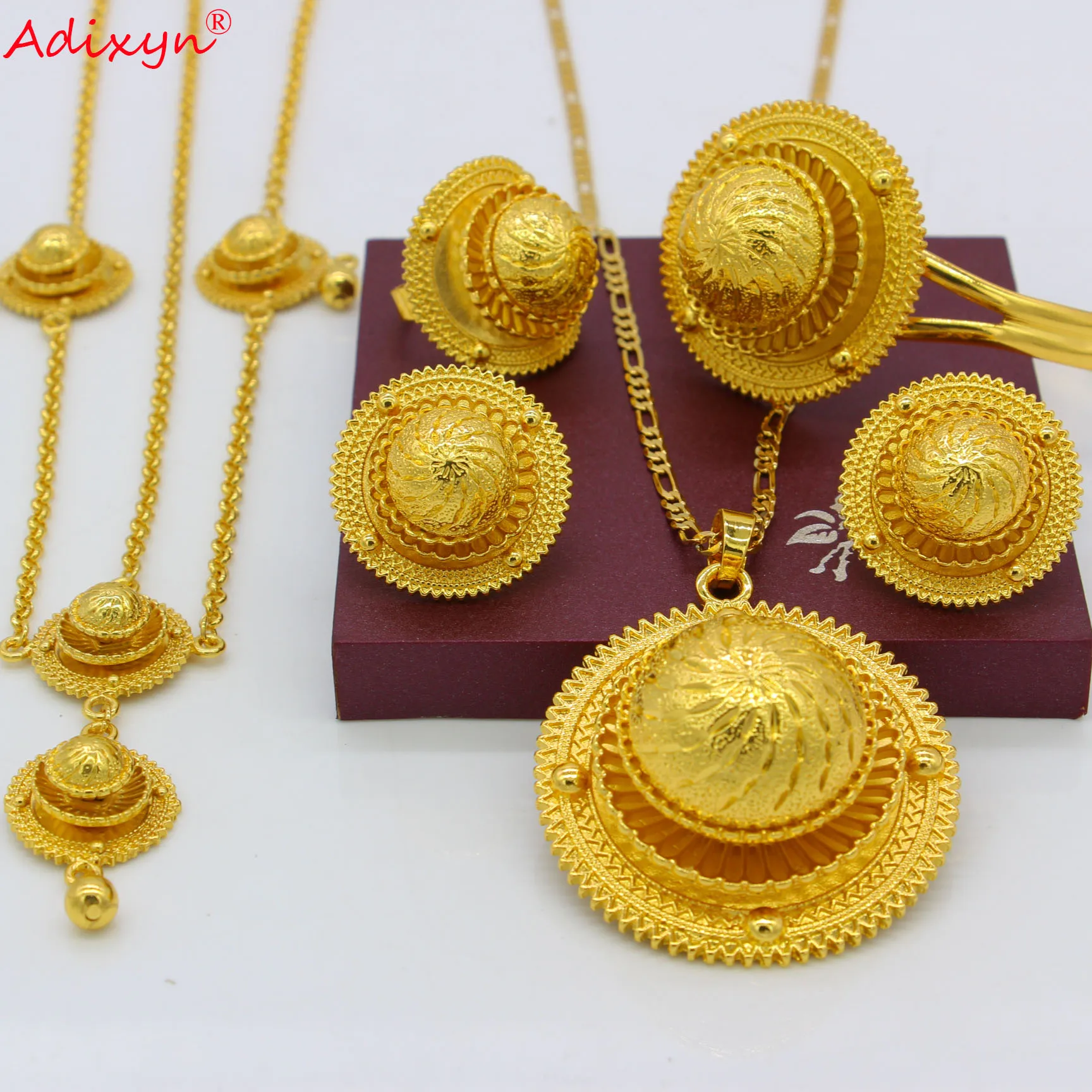 Adixyn Gold Color Ethiopian Jewelry set Pendant/Necklace/Bangle/Earring/Ring/Hairchain African Eritrea Wedding sets N06154