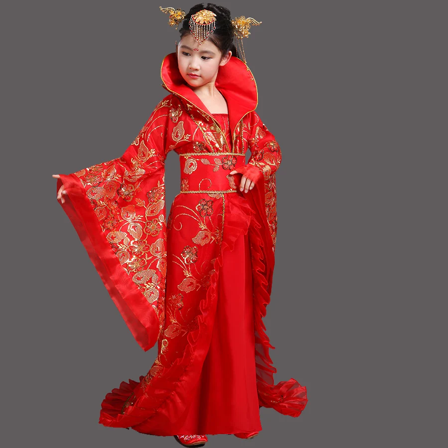 Girl's Dance Wear Chinese Ancient Tang Dynasty Dramaturgic Dress Kids Ancient Infanta Peri Theatrical Draggle-tail Dress YZT0822