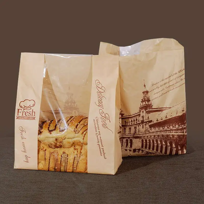 1000 pcs kraft paper bag with window Baking Packaging Donut Leisure Food bread bags Toast Bag Printed Package for Bakery