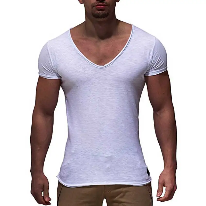 Casual T Shirt Men Thin Style Summer Short Sleeve Men\'s T-shirts Fashion V-neck Slim Fit Solid Color Tops Tees Shirt Man MY070