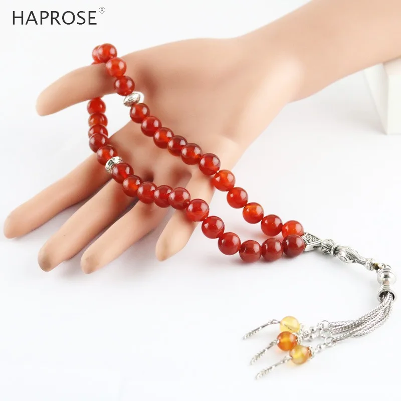 100% Natural agate Islamic Tasbih Allah Rosary Muslim bracelets 33 beads 6-10mm red agate stone tesbih Bracelet free shipping