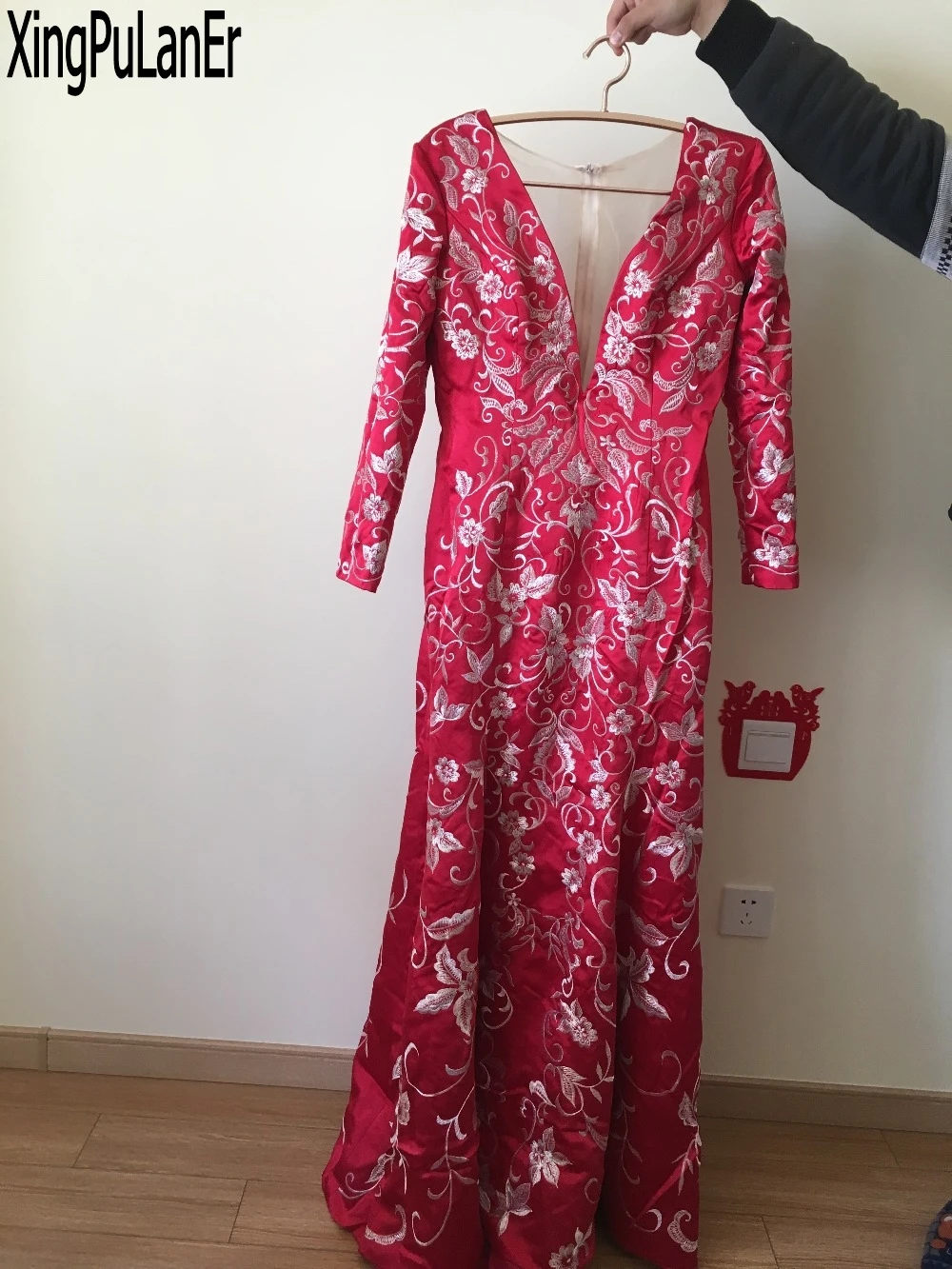 

Instock Mermaid Long Sleeves Embroiderey Lace Myraim Fares New Style Red Burgundy Evening Dresses