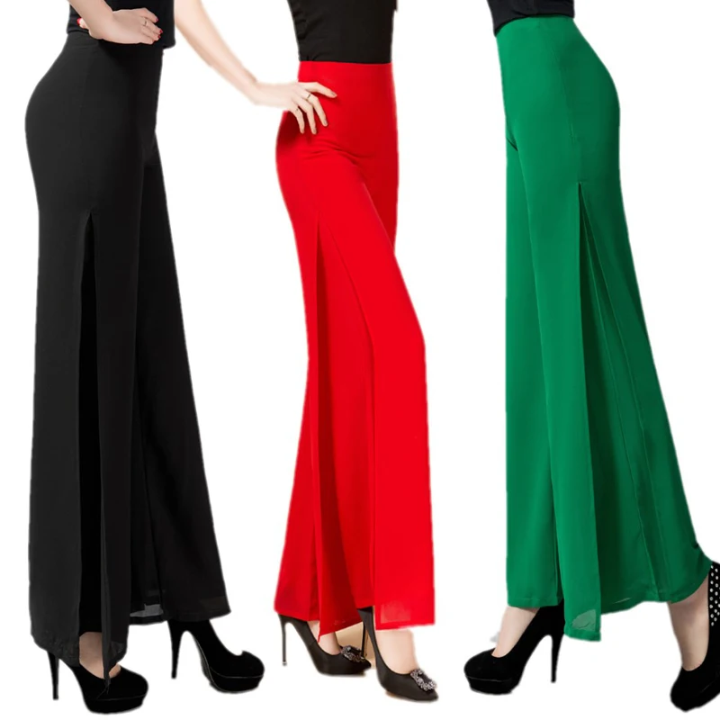 

High Quality Solid Chiffon Double Deck Long Pants Women's Dance Trousers Cross Pants Novelty Clothing Ol Casual Wide Leg Pants