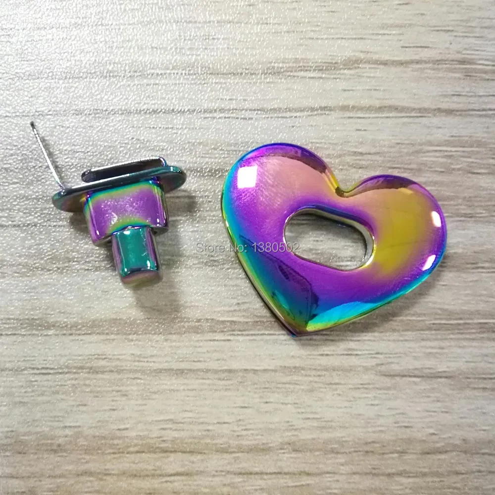 5sets 32mm Top quality Heart Shape Rainbow Color Vacuum Plating Purse Bag Lock Decoration for leather Craft