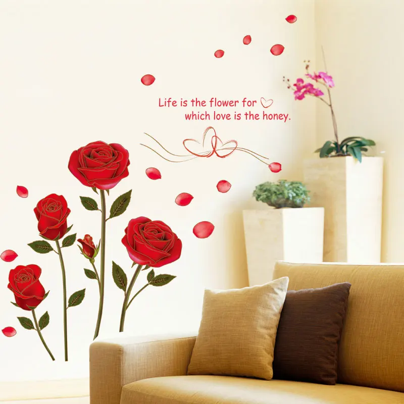 Romantic Hot Sale  Removable Red Rose love Life Is The Flower Quote Wall Sticker Mural For DIY Decal Home Room Art Decoration