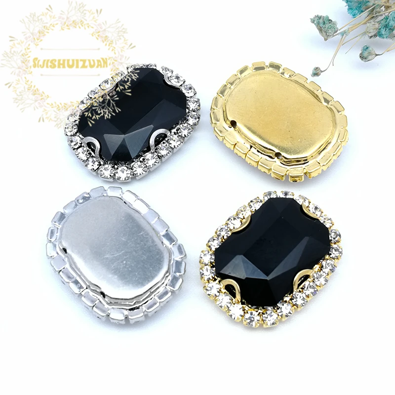 Shiny Black Rectangle Shape Glass Crystal Sew On Rhinestones Gold/Silver Bottom With Crystal Buckle Diy Wedding Dresss