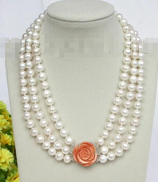 

natural 17" 10mm 3row round white pearls necklace 925 coral clasp j8618 Factory Wholesale price Women Giftword Jewelry