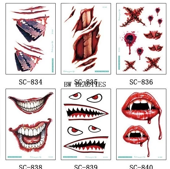 2000 Pcs/Lot New Waterproof Temporary Tattoo Sticker Halloween Terror Wound Realistic Blood Injury Scar Fake Tattoo Sticker