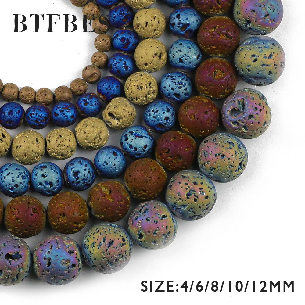 BTFBES Plating Multicolor Optional Lava Beads 4 6 8 10 12mm Volcanic Rock Natural Stone Loose beads DIY Jewelry Bracelet Making
