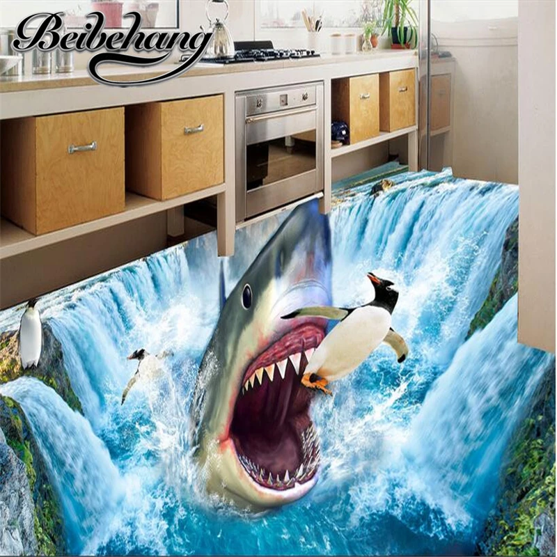 

beibehang Custom 3d flooring mural self - adhesion wall sticker 3 d Shark waterfall penguins painting room wallpaper waterproof