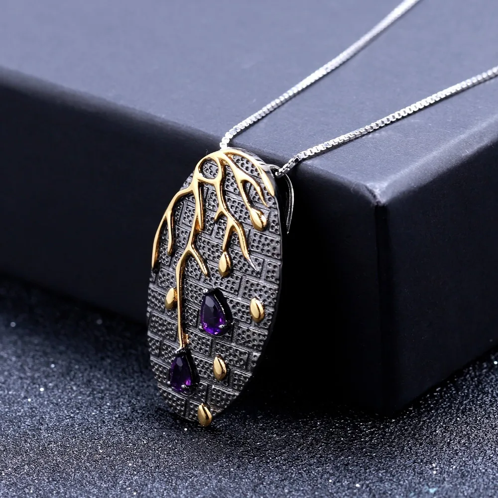 GEM\'S BALLET 925 Sterling Silver Original Handmade Petal Floral Pendant Necklace 0.39Ct Natural Amethyst Fine Jewelry for Women
