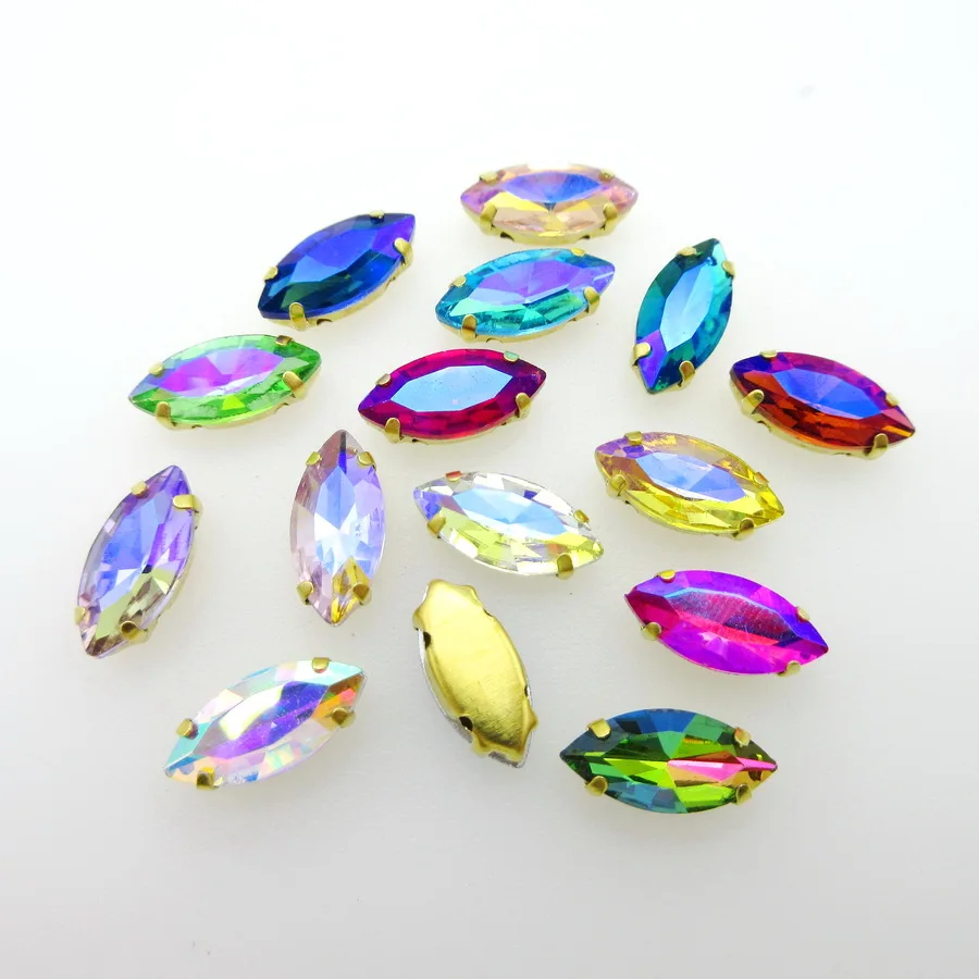 AB colors 6 sizes nice glass Crystal horse eye Navette shape with Gold claw sew on rhinestone shoes garment trim diy accessories