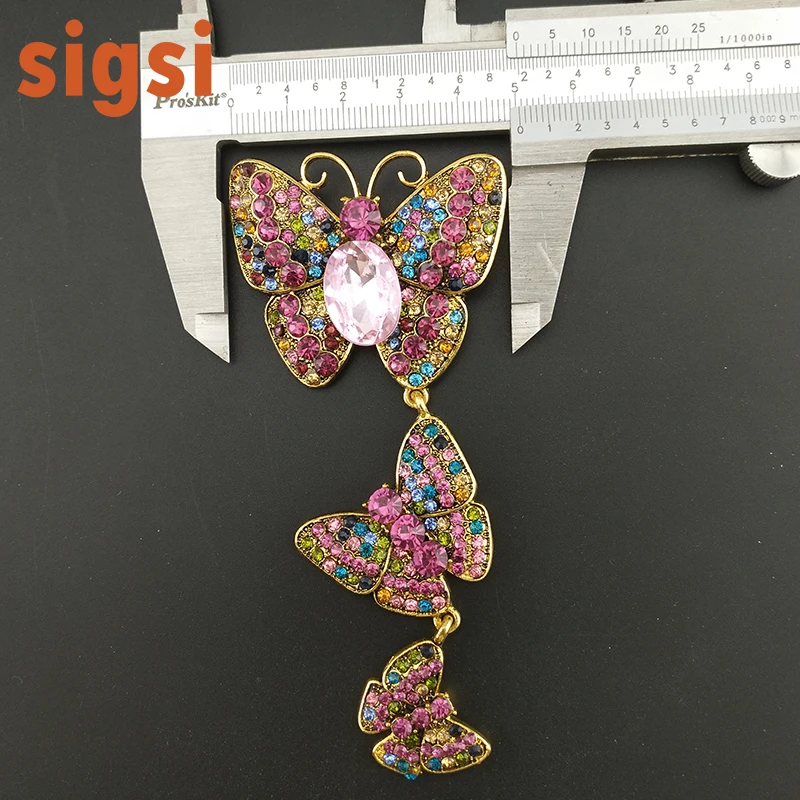 Free shipping 10.8cm Three butterflies long large brooch pin rhinestone insect broach