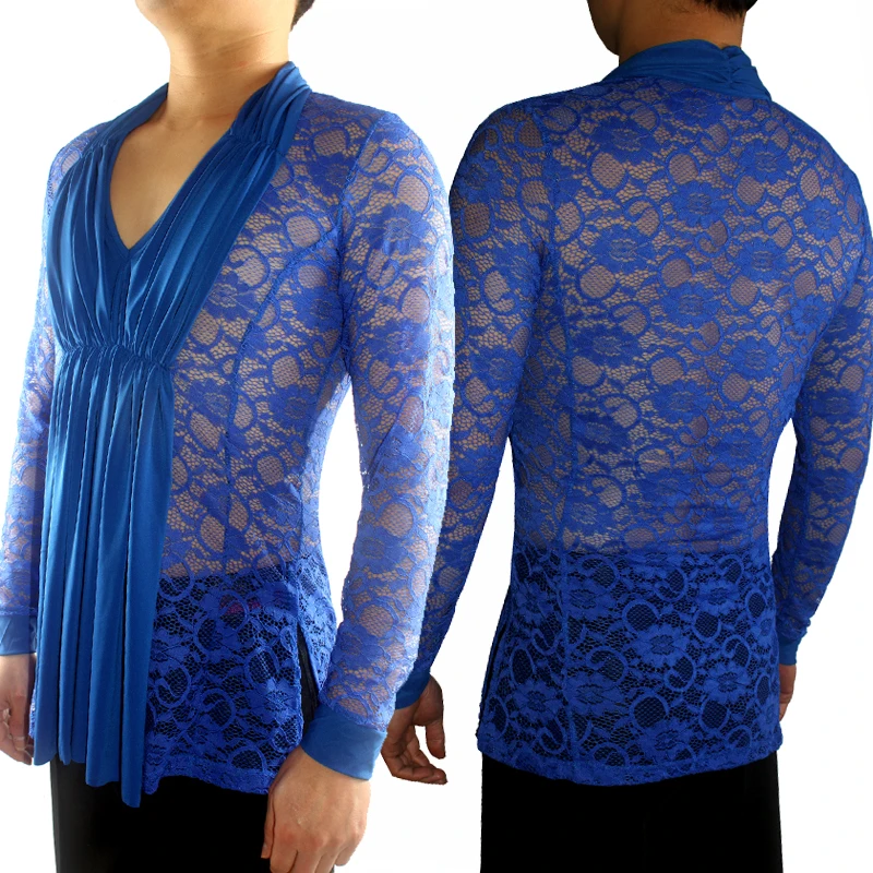 Latin Top Long Sleeve Sexy Lace V Collar Latin Dance Shirts Men \'S Performance Practice Dancewear Cha Cha Rumba Samba DNV11329