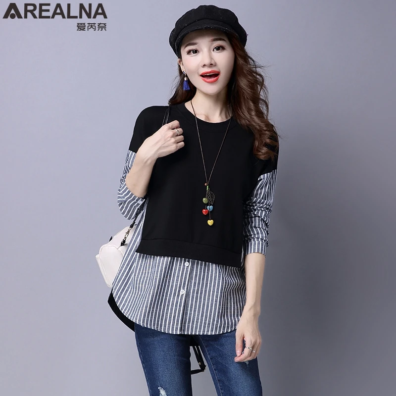 AREALNA 2022 new autumn Fake Two-Piece Hoodies Casual loose Pullover Vintage stripe Stitching cotton sweatshirt moletom feminino