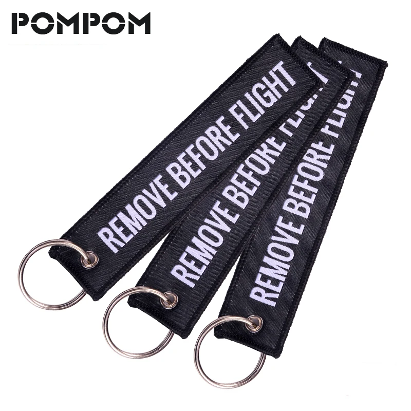 

POMPOM Remove Before Flight Black with White Woven Keychain Aviation Gifts 5.12'' *1.10'' KeyChains Fashion Jewelry 3 PCS/LOT