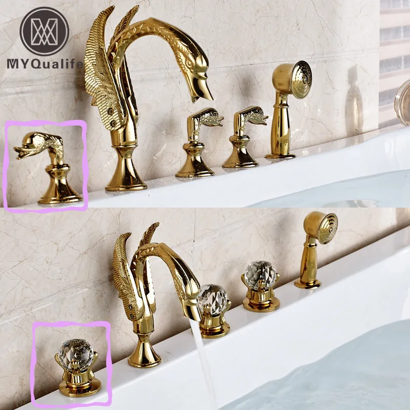 Golden Swan Style Brass Golden Bathtub Tub Faucet Deck Mounted Hot and Cold Water Bath Shower Mixer Taps