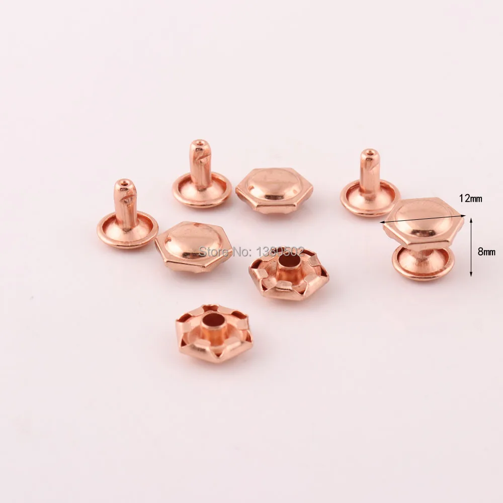 50sets/lot 12*8mm Hexagon Rose Gold Color Double Cap Rivets For Bag Garment Decoration Leather Craft