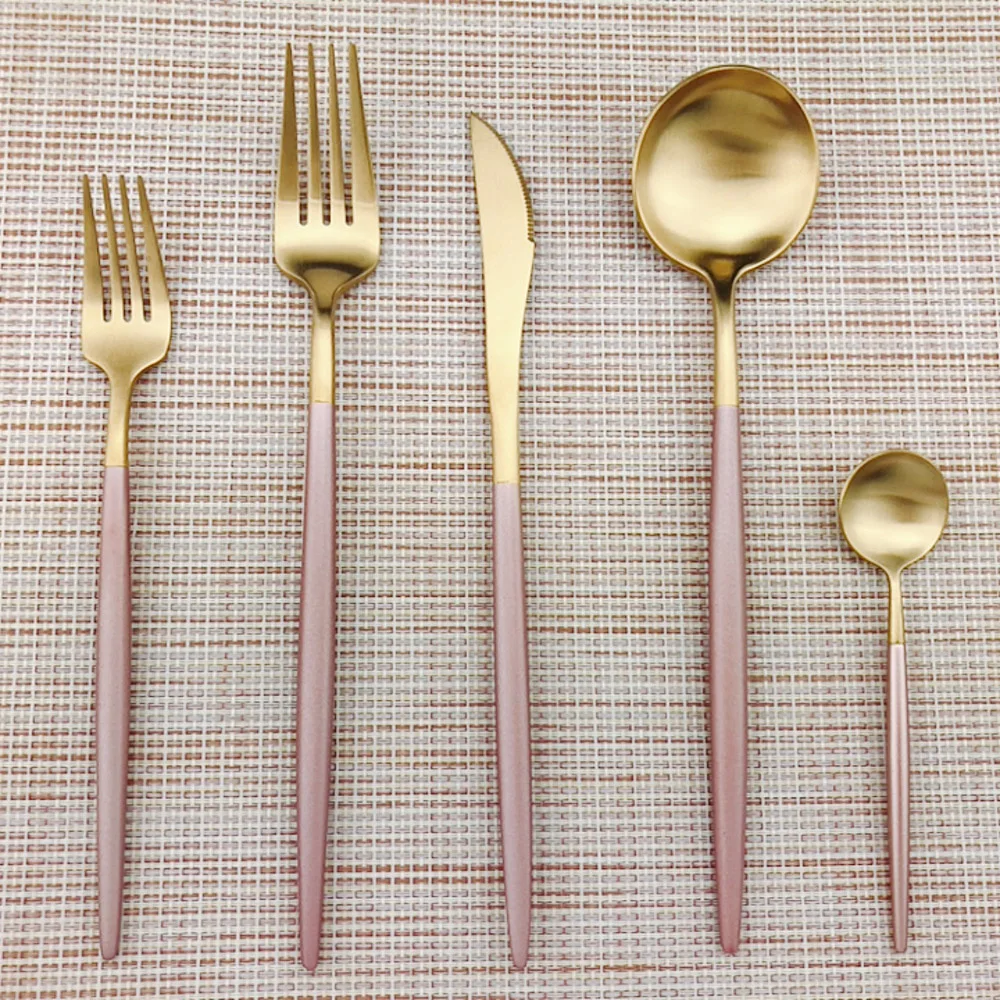 4/5/6Pcs Pink Golden 18/10 Stainless Steel Steak Knives Fork Matte Dinnerware Set Forks Teaspoon Gold Tableware Cutlery Set