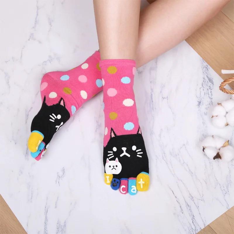 

3 Pairs Five Finger Socks Cotton Casual Cartoon 5 Toe Separate Cat Animal Print Ankle Toe Socks For Women Cute