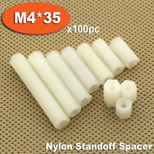 

100pcs M4 x 35mm White Plastic Nylon Hexagon Hex Female Thread Nuts Standoff Spacer Pillars