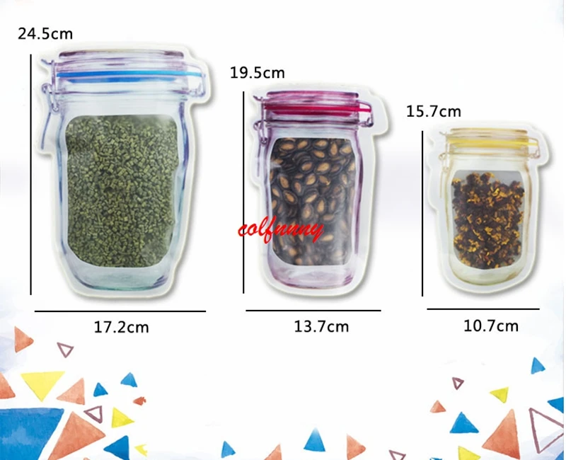 

Wholesale Mason Jar Shaped Food Container Plastic Bag Clear Mason Bottle Modeling Zippers Storage Snacks Plastic Box F052208