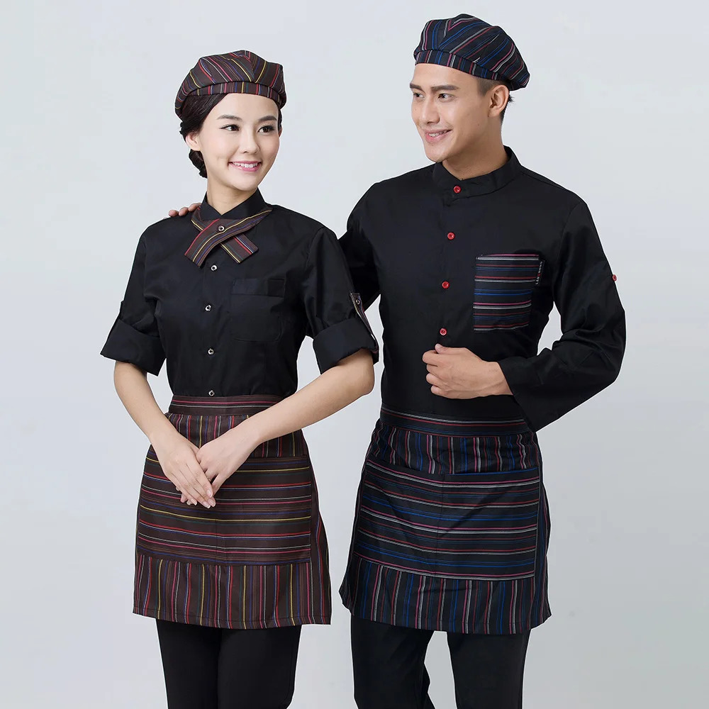 Personale abbigliamento da lavoro moda manica corta tute negozio di tè Catering ristorante uniformi camicie + grembiule set top neri spedizione gratuita