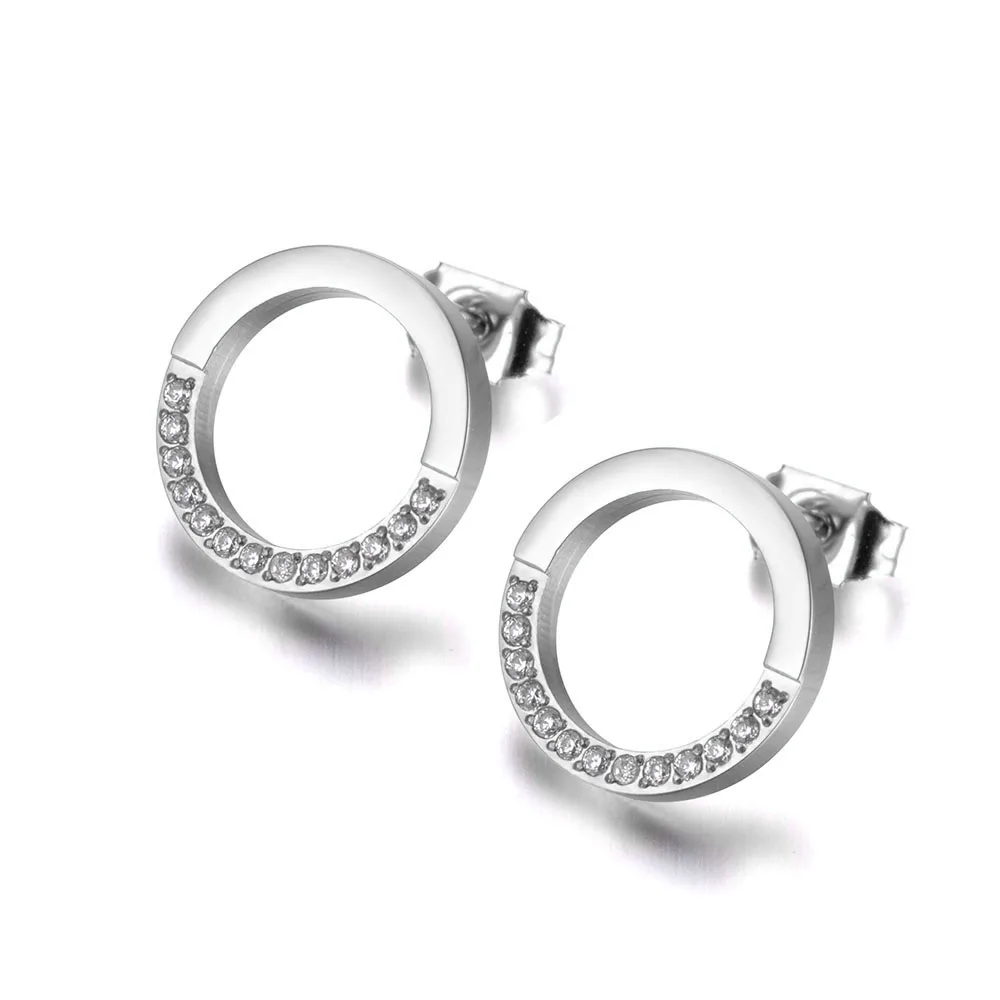 Lokaer Stainless Steel Round Circle Mosaic Shiny CZ Crystal Necklace Earrings Bridal Sets For Women Wedding Bands Jewelry SE026