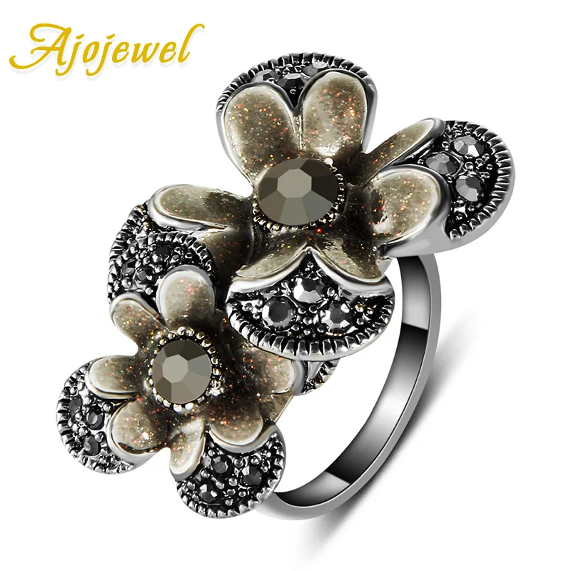 Ajojewel Vintage Fashion Double Flower Women Ring Black Rhinestones Antique Jewelry Retro Style Beautiful Gifts