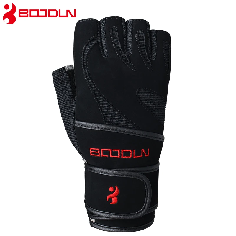 Boodun Sports Fitness Weight lifting Gloves Black Genuine Leather Wrist Gloves Gym Men Women Breathable Training