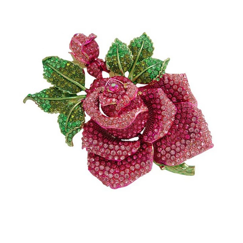 Pink Huge Rose Flower with Green Leaf Pink Bud Austrian Crystal Rhinestone Brooch Pin