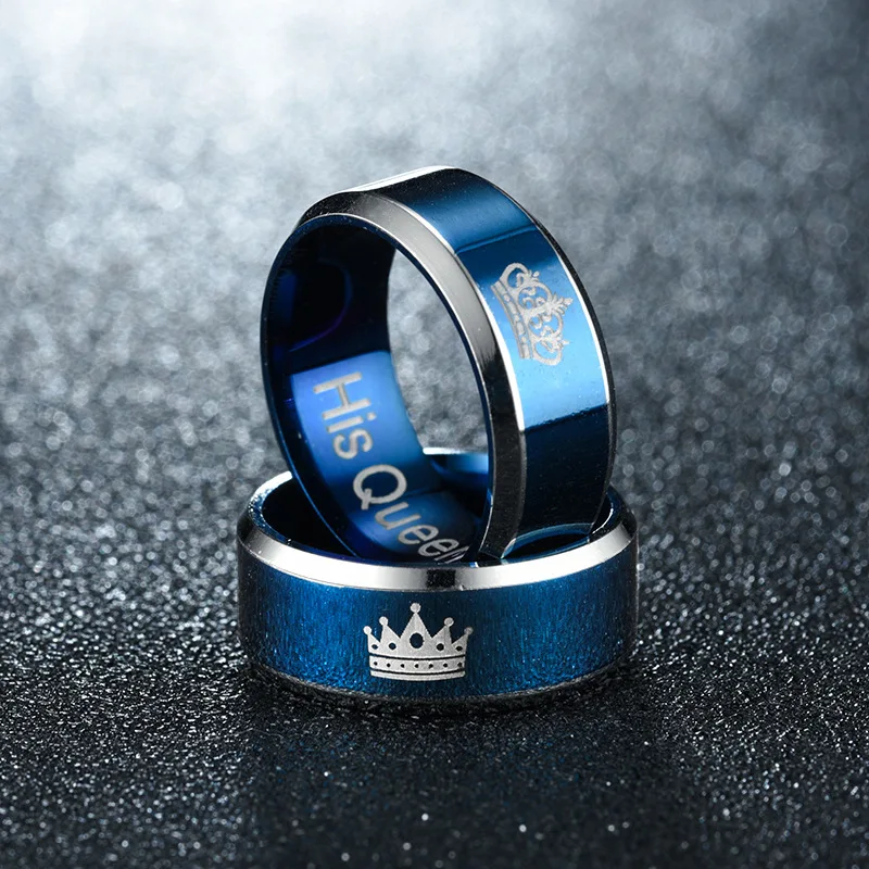 Stainless Steel Blue Color Rings Lette His Queen Her King Couple Rings, Women Men Engagement Rings Wedding Accessories