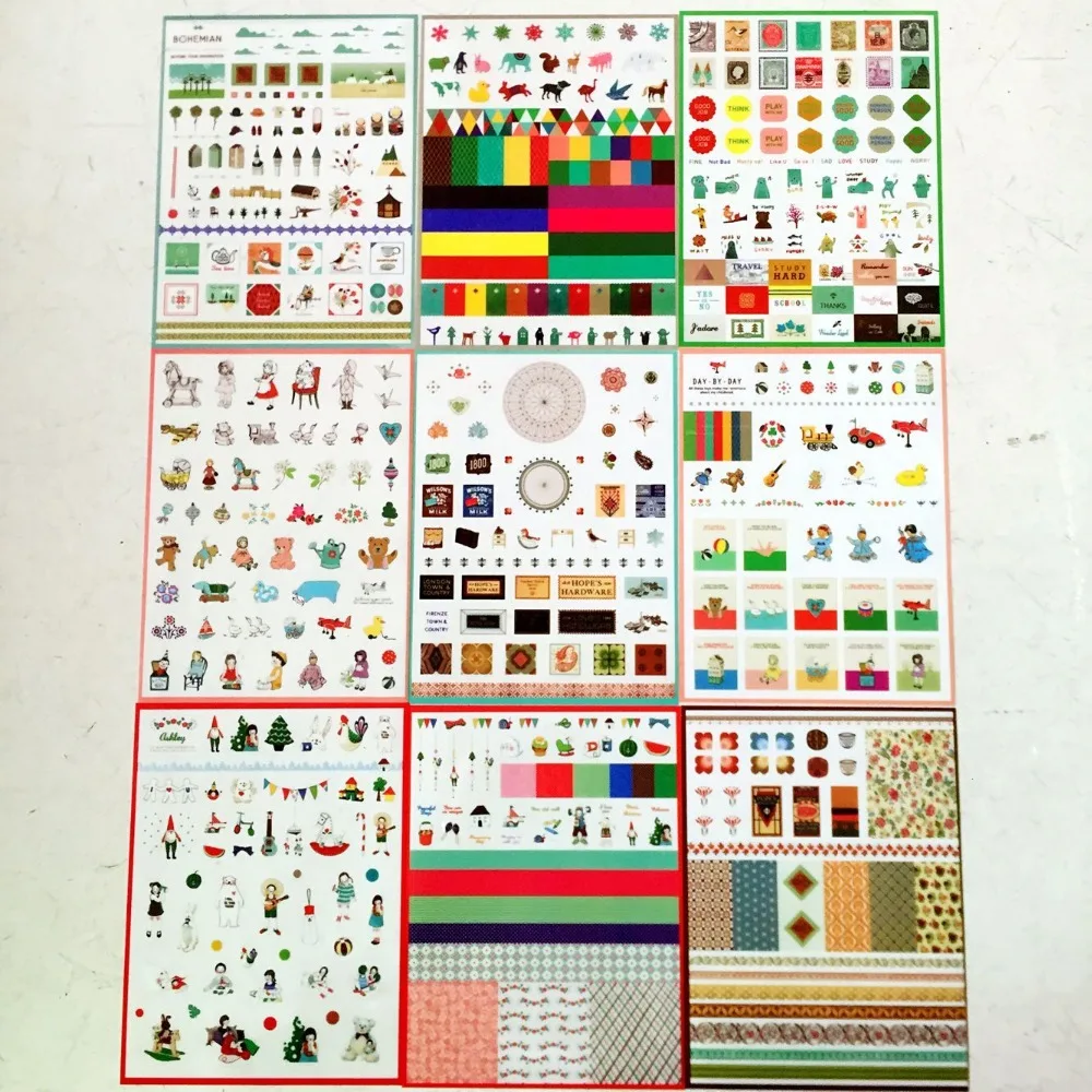 9pcs/set  Deco vintage sticker,Kawai stationery diy  masking tape, 9pcs PVC lovely korea drawing market sticker12*16cm